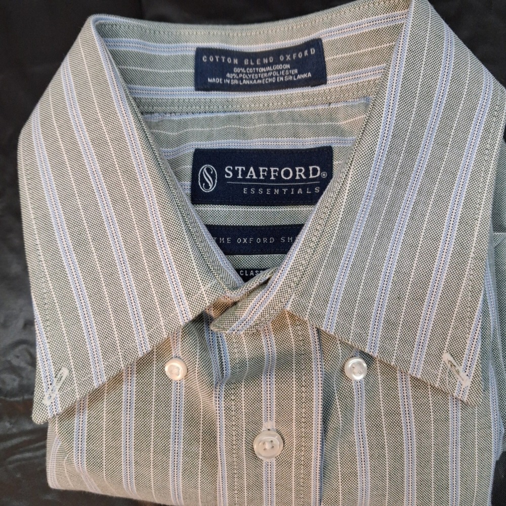 Stafford Button-Down Shirt Mens 16 34-35 Classic Fit Green Striped Oxford EUC